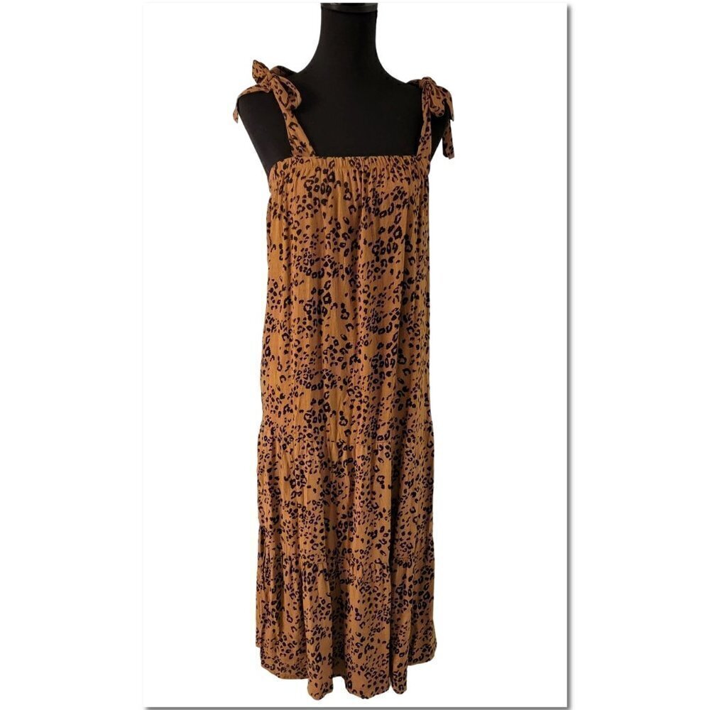 NWOT FRENCH GREY Maxi Dress w Shoulder Ties  Brown & Black Animal Print Size M